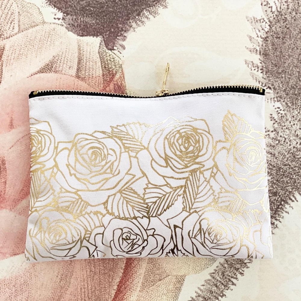 Cosmetics Bag in White and Gold Print 8.5” x6”